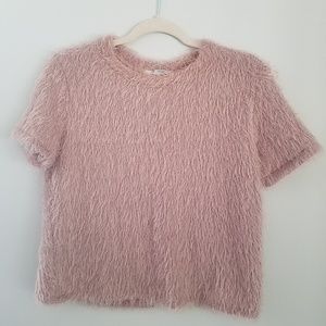Zara Cropped Fuzzy Cozy Sweater Top Short Sleeve L